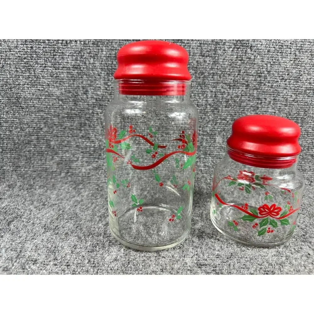 Corning Christmas Glass Jars Set of 2 Red Lids Holiday Storage Canisters